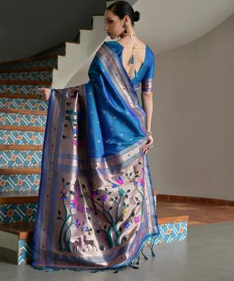 Blue ethnic traditional banarasi silk blend paithani woven saree 2