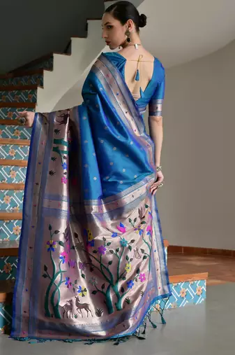 Blue ethnic traditional banarasi silk blend paithani woven saree