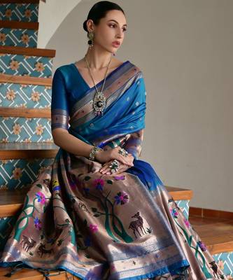 Blue ethnic traditional banarasi silk blend paithani woven saree 3