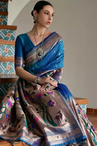 Blue ethnic traditional banarasi silk blend paithani woven saree