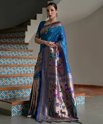 Blue ethnic traditional banarasi silk blend paithani woven saree 4