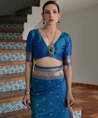 Blue ethnic traditional banarasi silk blend paithani woven saree 5