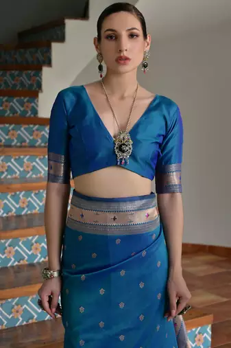 Blue ethnic traditional banarasi silk blend paithani woven saree