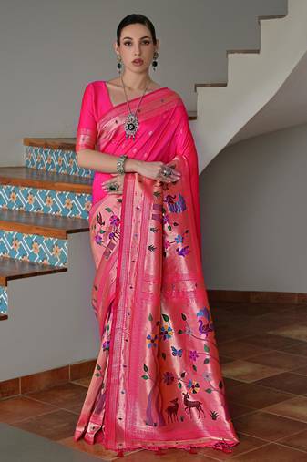 Pink ethnic traditional banarasi silk blend paithani woven saree