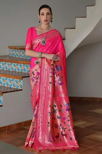 Pink ethnic traditional banarasi silk blend paithani woven saree
