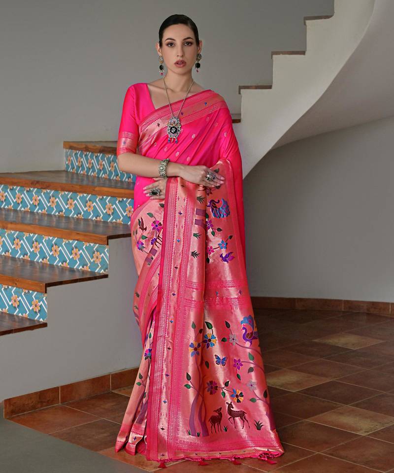 Pink ethnic traditional banarasi silk blend paithani woven saree
