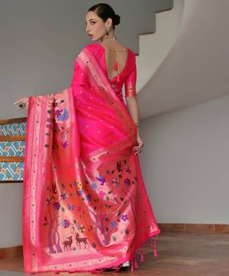 Pink ethnic traditional banarasi silk blend paithani woven saree 2