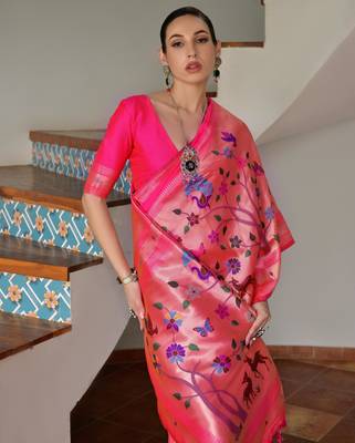 Pink ethnic traditional banarasi silk blend paithani woven saree 3
