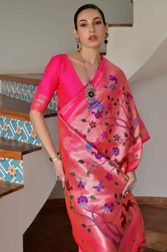 Pink ethnic traditional banarasi silk blend paithani woven saree