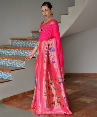 Pink ethnic traditional banarasi silk blend paithani woven saree 4