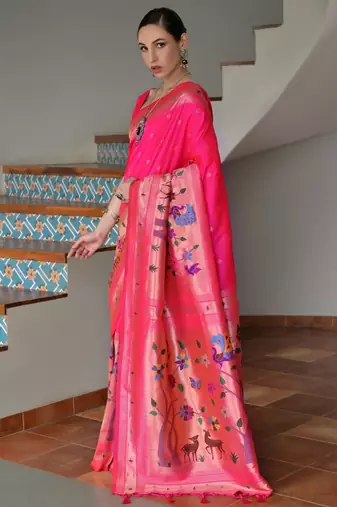 Pink ethnic traditional banarasi silk blend paithani woven saree