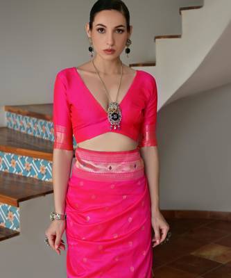 Pink ethnic traditional banarasi silk blend paithani woven saree 5