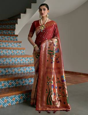Brown ethnic traditional banarasi silk blend paithani woven saree 1