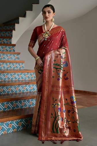 Brown ethnic traditional banarasi silk blend paithani woven saree
