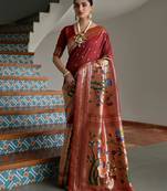 Brown ethnic traditional banarasi silk blend paithani woven saree