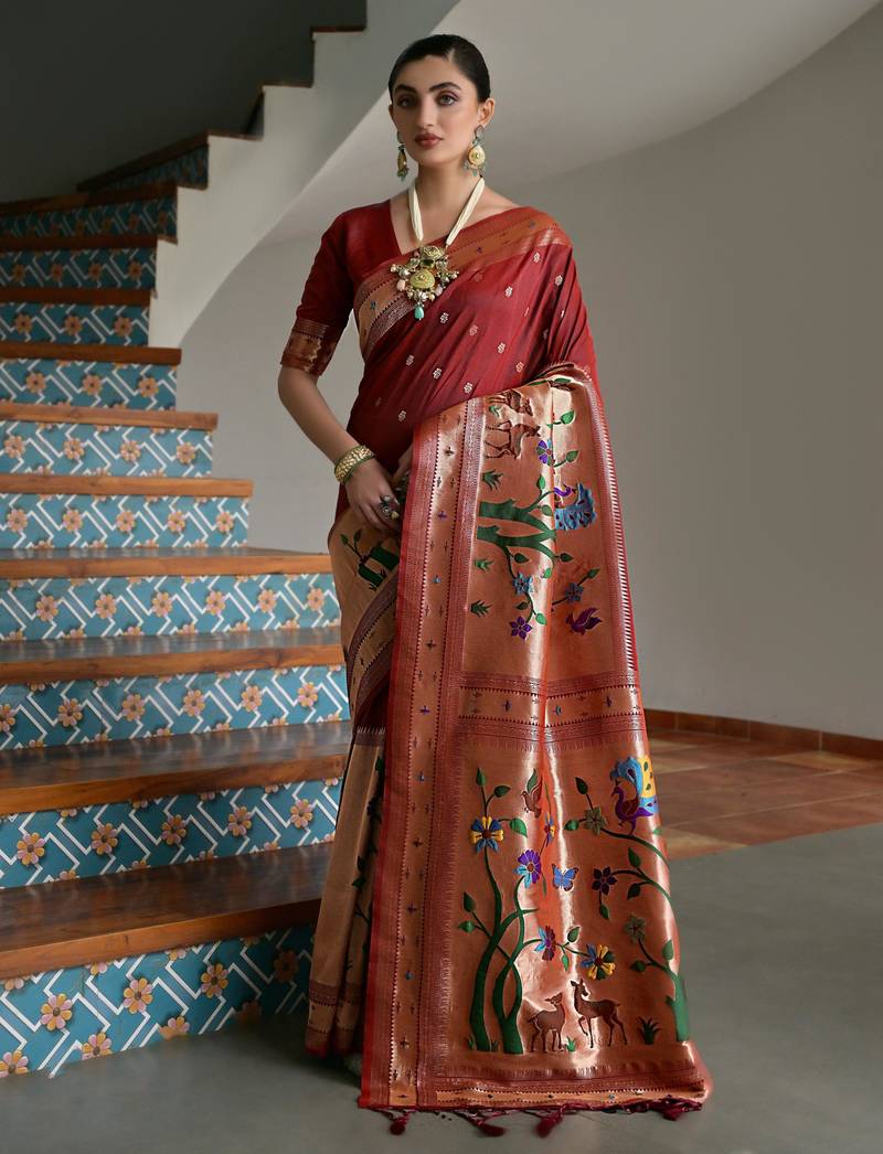 Brown ethnic traditional banarasi silk blend paithani woven saree