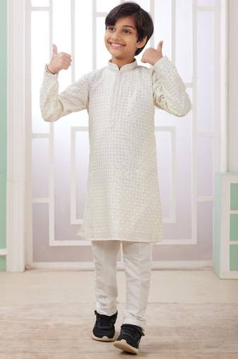Cream embroidery art silk   kurta set for boys