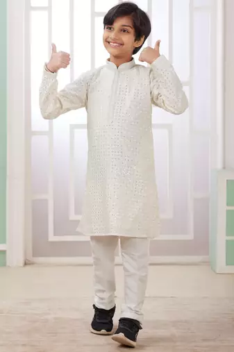 Cream embroidery art silk   kurta set for boys