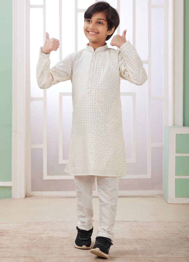 Cream embroidery art silk  kurta set for boys