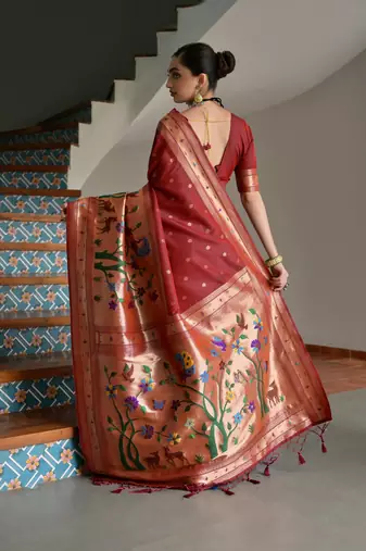 Brown ethnic traditional banarasi silk blend paithani woven saree