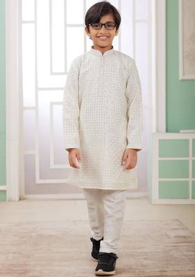 Cream embroidery art silk   kurta set for boys 2