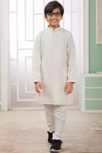 Cream embroidery art silk   kurta set for boys