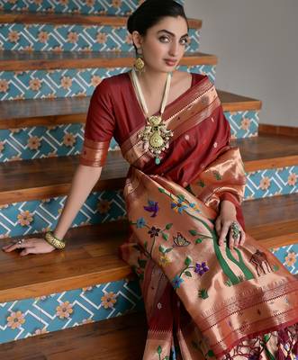 Brown ethnic traditional banarasi silk blend paithani woven saree 3