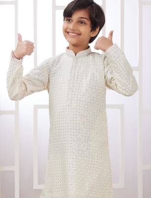 Cream embroidery art silk   kurta set for boys 3