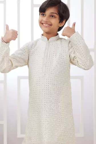 Cream embroidery art silk   kurta set for boys