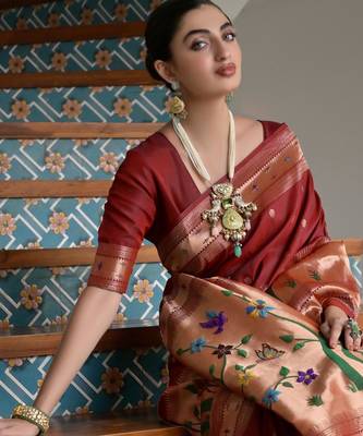 Brown ethnic traditional banarasi silk blend paithani woven saree 4
