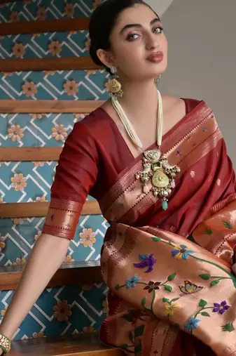 Brown ethnic traditional banarasi silk blend paithani woven saree