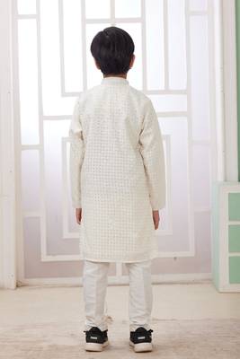 Cream embroidery art silk   kurta set for boys 4