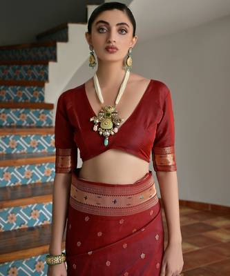 Brown ethnic traditional banarasi silk blend paithani woven saree 5
