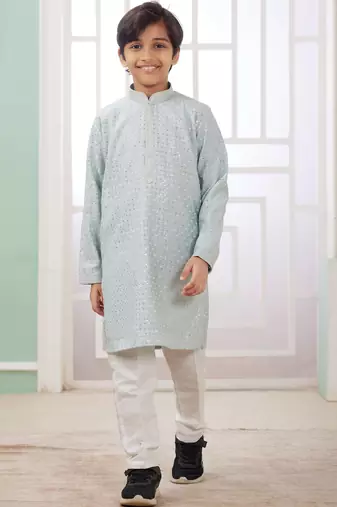 Green embroidery art silk   kurta set for boys