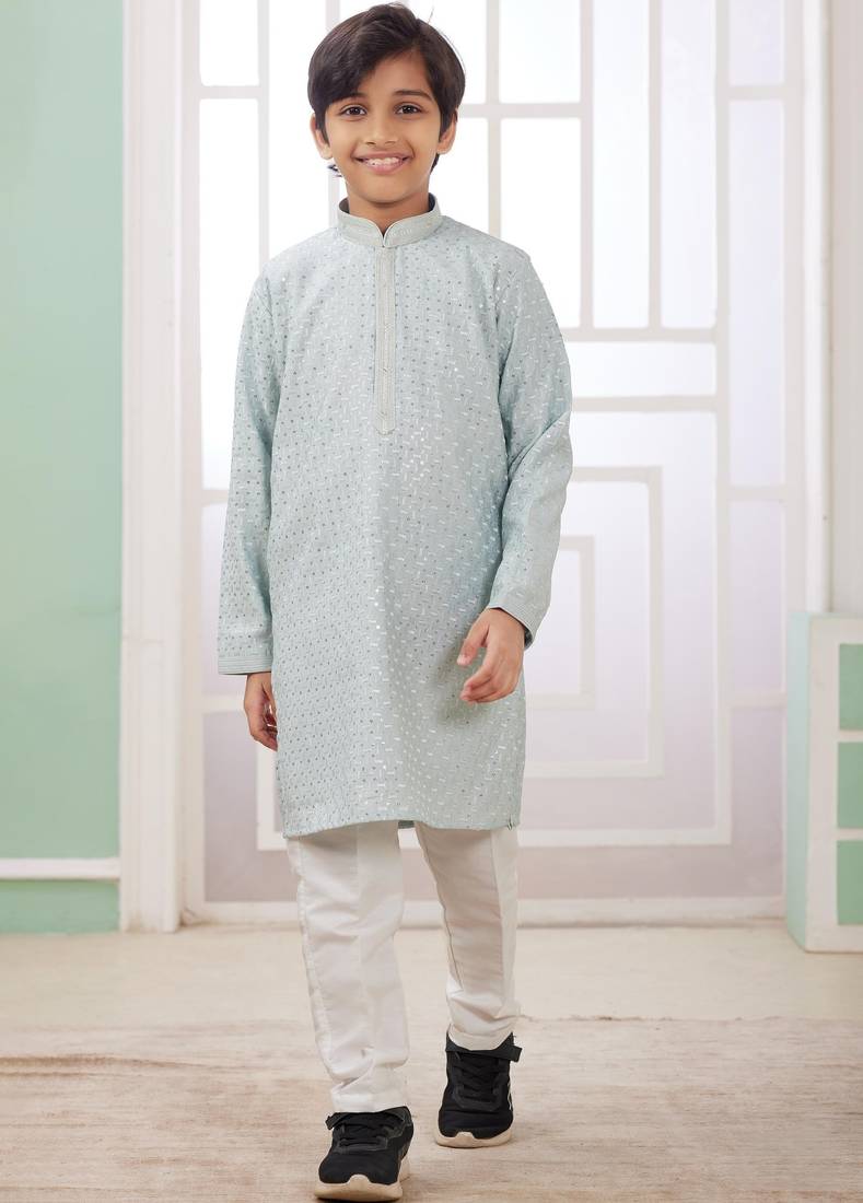 Green embroidery art silk  kurta set for boys