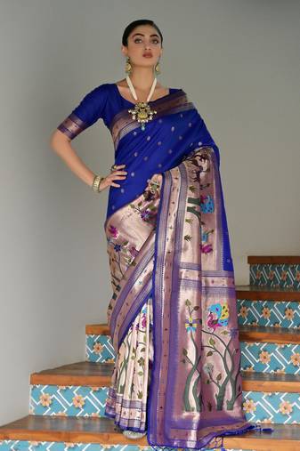 Royal blue ethnic traditional banarasi silk blend paithani woven saree