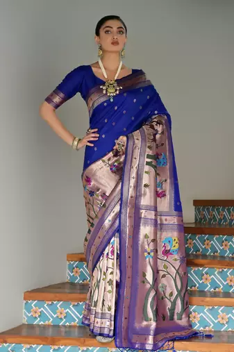 Royal blue ethnic traditional banarasi silk blend paithani woven saree
