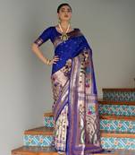 Royal blue ethnic traditional banarasi silk blend paithani woven saree
