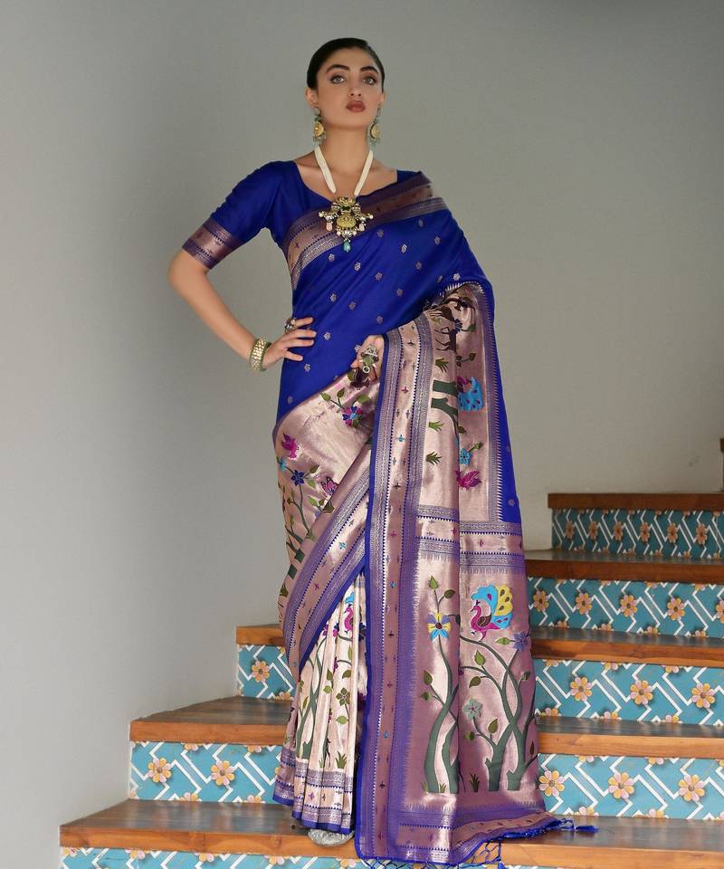 Royal blue ethnic traditional banarasi silk blend paithani woven saree