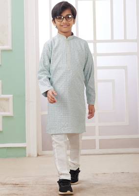 Green embroidery art silk   kurta set for boys 2