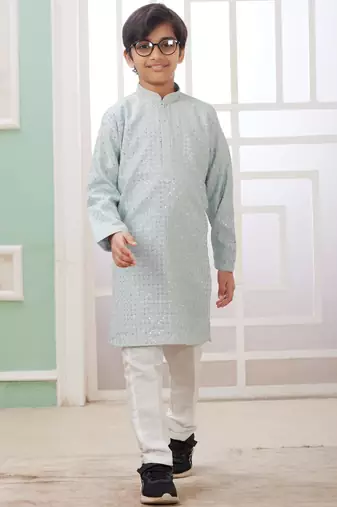 Green embroidery art silk   kurta set for boys