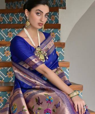 Royal blue ethnic traditional banarasi silk blend paithani woven saree 2