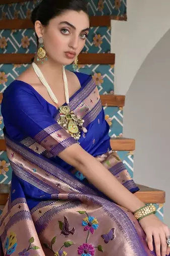 Royal blue ethnic traditional banarasi silk blend paithani woven saree