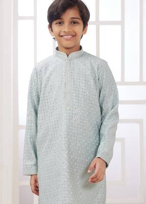 Green embroidery art silk   kurta set for boys 3