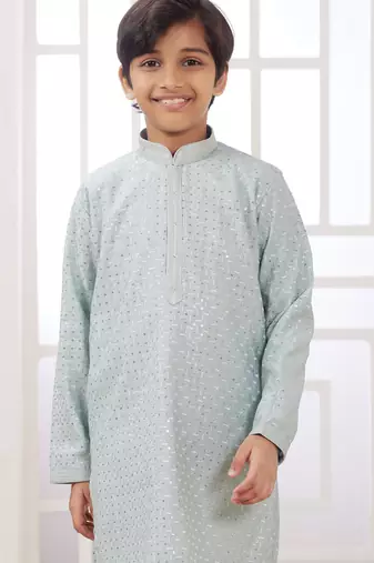 Green embroidery art silk   kurta set for boys