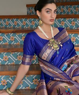 Royal blue ethnic traditional banarasi silk blend paithani woven saree 3