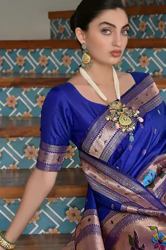Royal blue ethnic traditional banarasi silk blend paithani woven saree