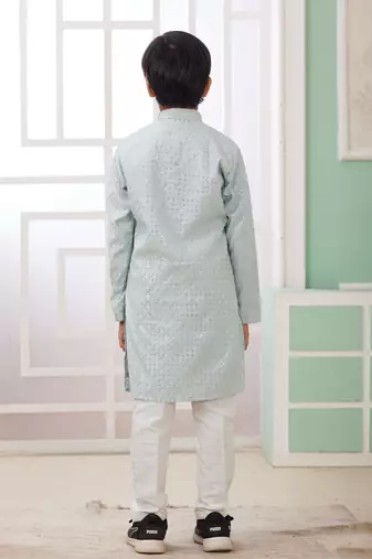 Green embroidery art silk   kurta set for boys