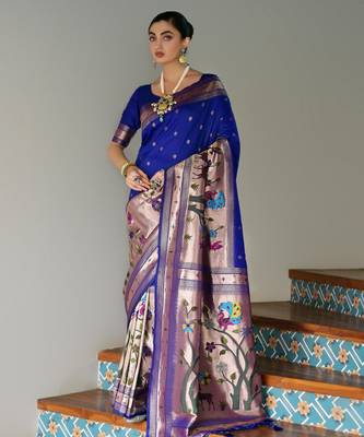 Royal blue ethnic traditional banarasi silk blend paithani woven saree 4