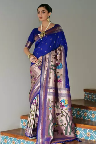 Royal blue ethnic traditional banarasi silk blend paithani woven saree